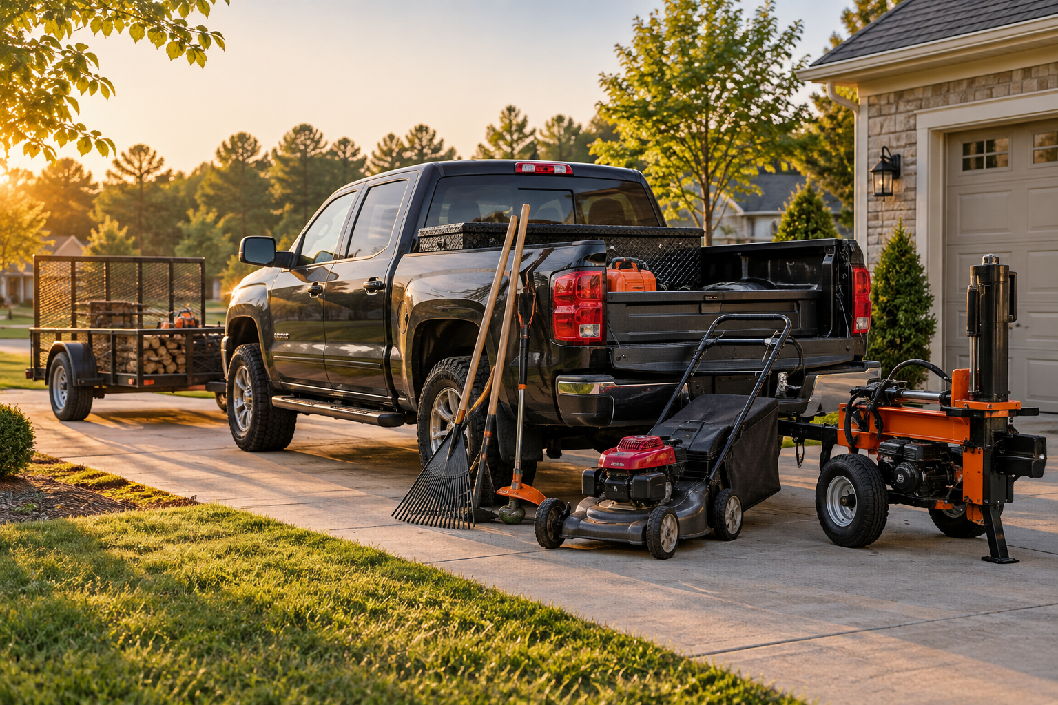 Truck, trailer, mower, rake, and log splitter loaded up and ready for a job